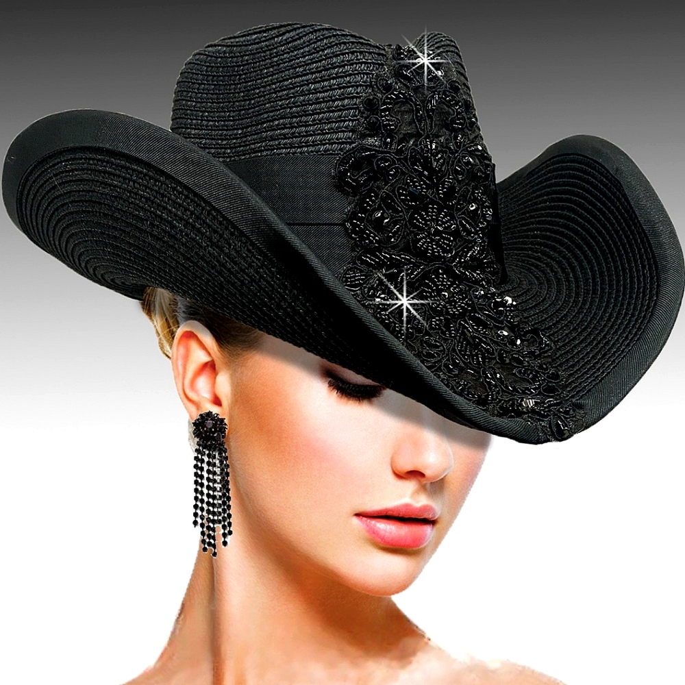 Exquisite Black Couture Handmade Pave Jeweled Beyoncé Inspired Cowboy Ha…